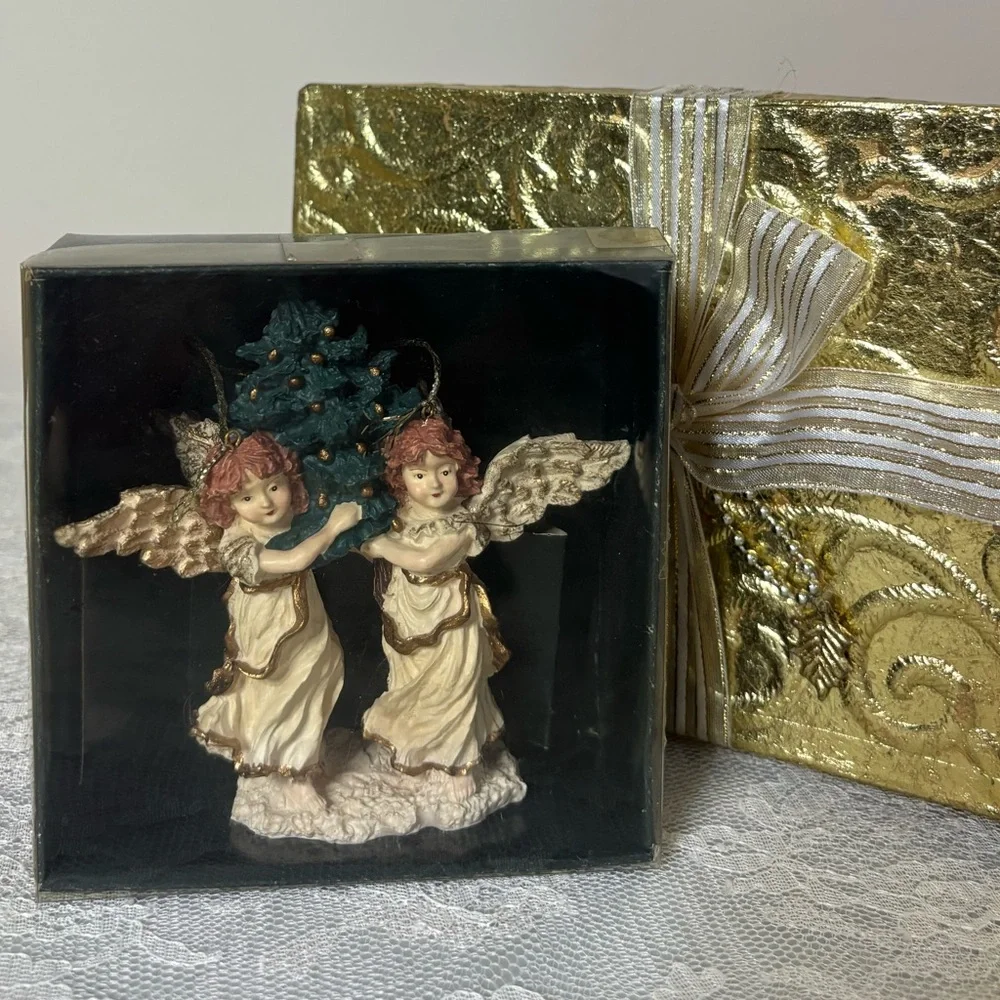 Vintage Victorian Tree Ornament Christmas Angels Hand Painted Luxury Gold Cream